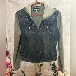 Express Denim Jacket with Gray Hooded Sleeves